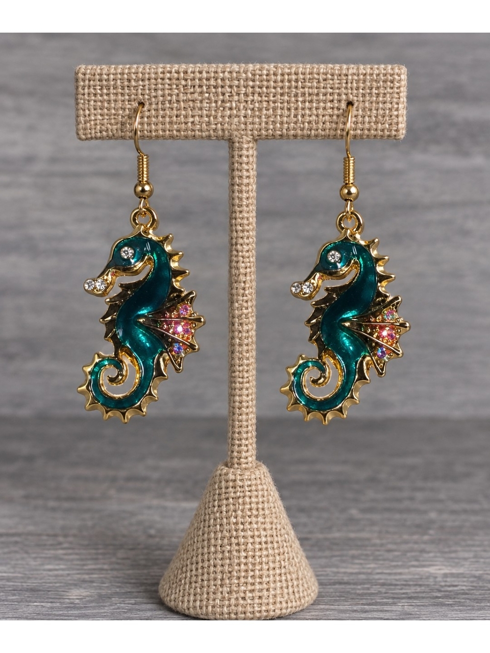 Gold-Tone Teal Seahorse Drop Earrings with  Accent Rhinestones